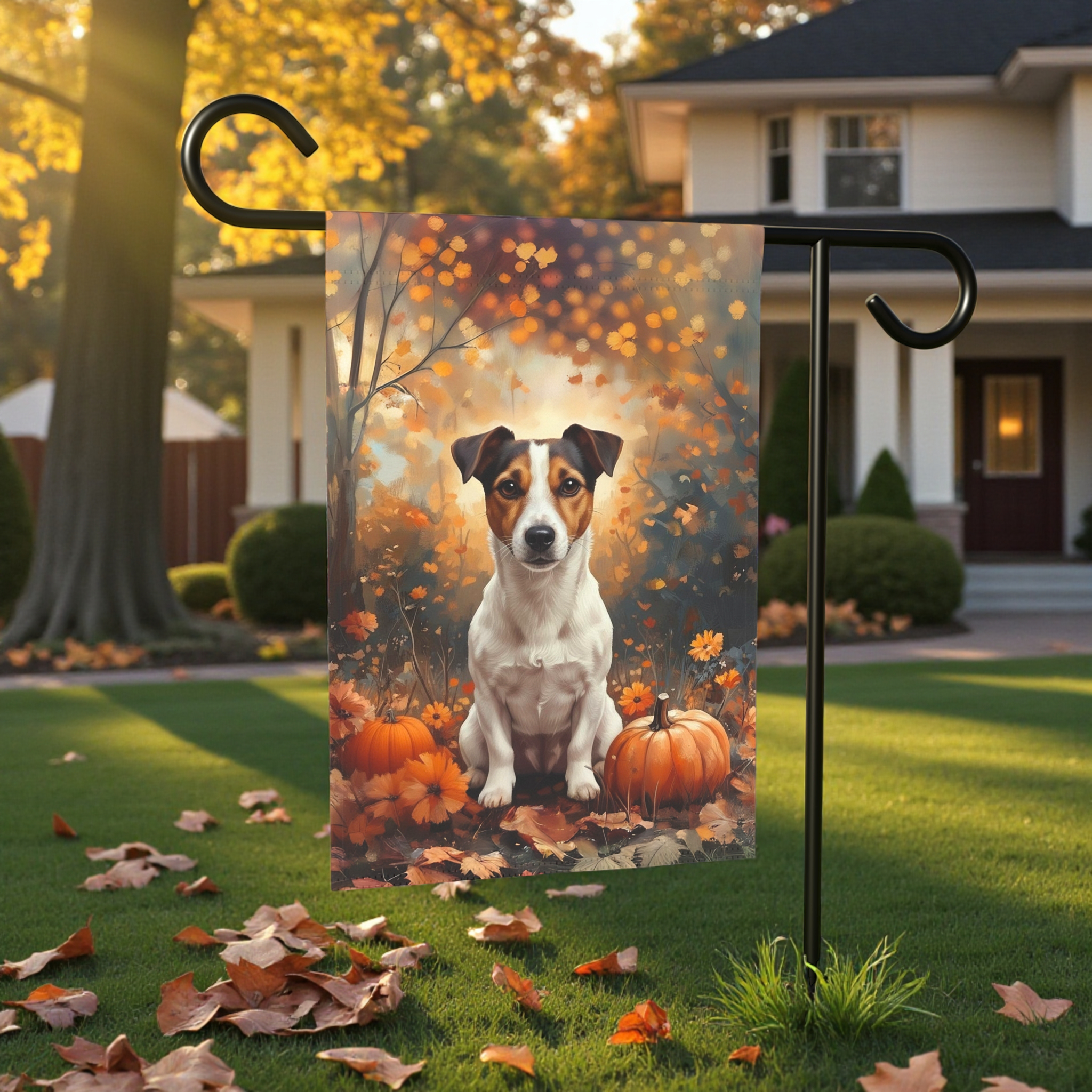 Fall Jack Russell Terrier and Pumpkin Garden Flag - front view - Dragonfire Gardens