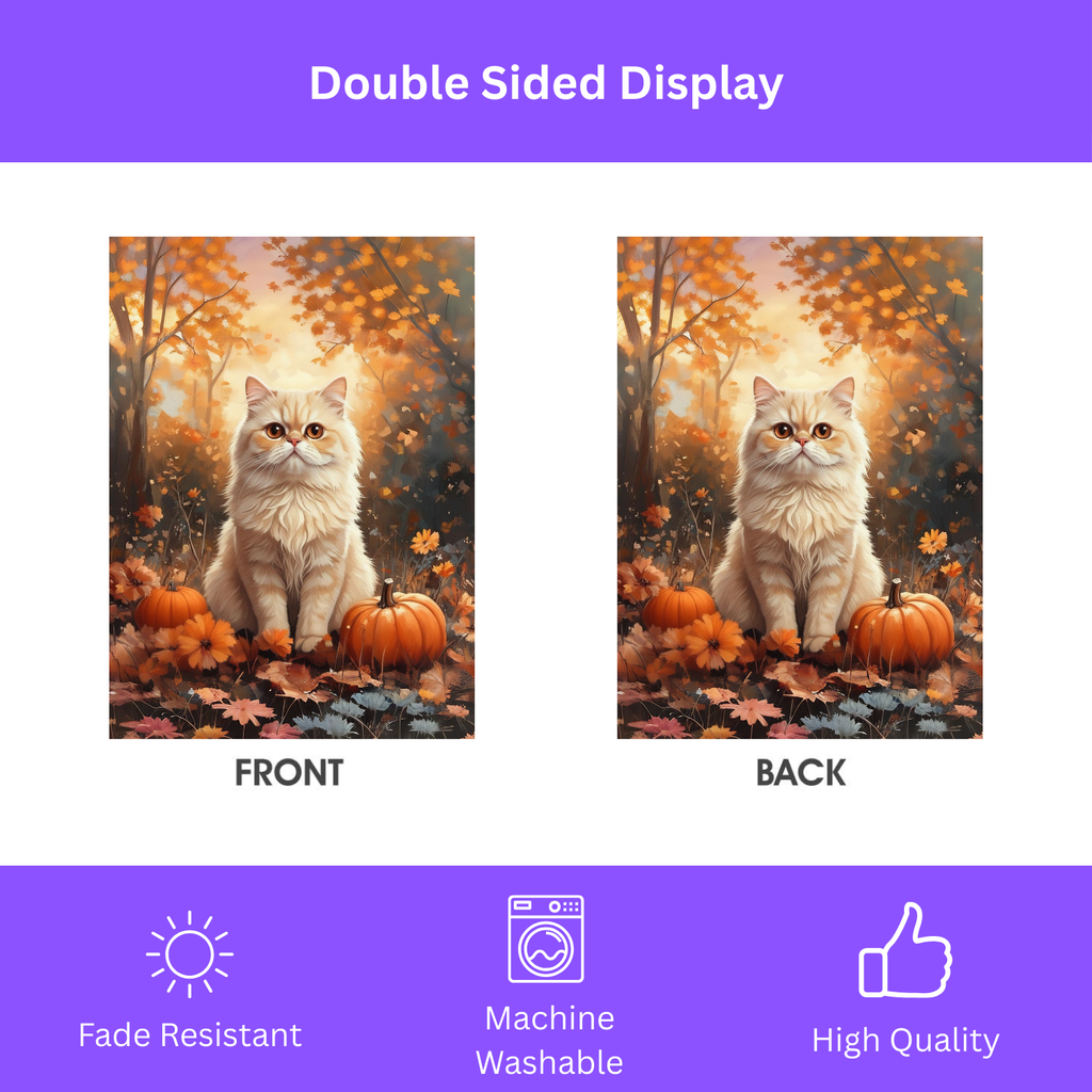Fall Persian Cat and Pumpkin Garden Flag - double-sided design - Dragonfire Gardens