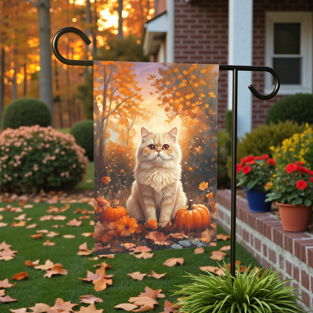 Fall Persian Cat and Pumpkin Garden Flag - front view - Dragonfire Gardens