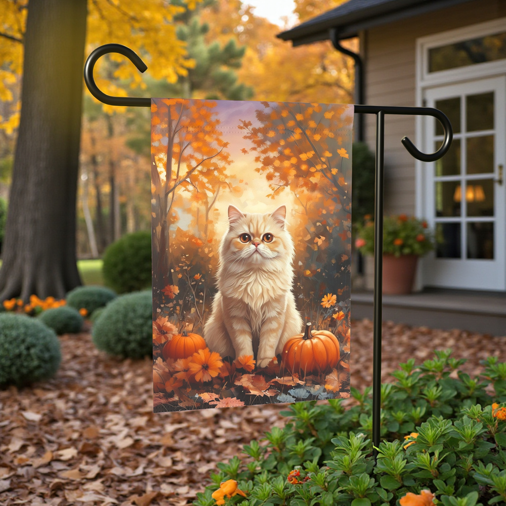 Fall Persian Cat and Pumpkin Garden Flag - lifestyle display - Dragonfire Gardens