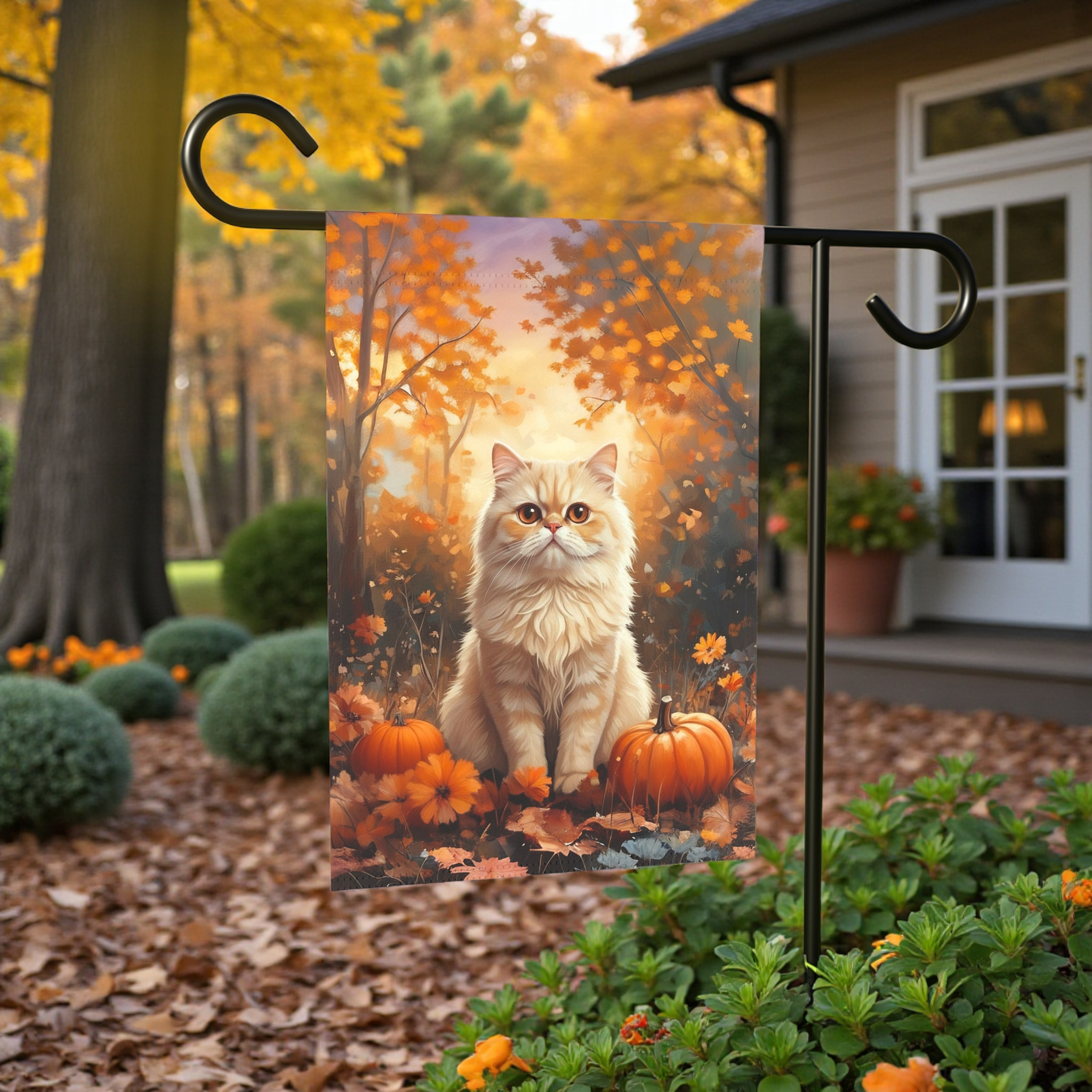 Fall Persian Cat and Pumpkin Garden Flag - lifestyle display - Dragonfire Gardens