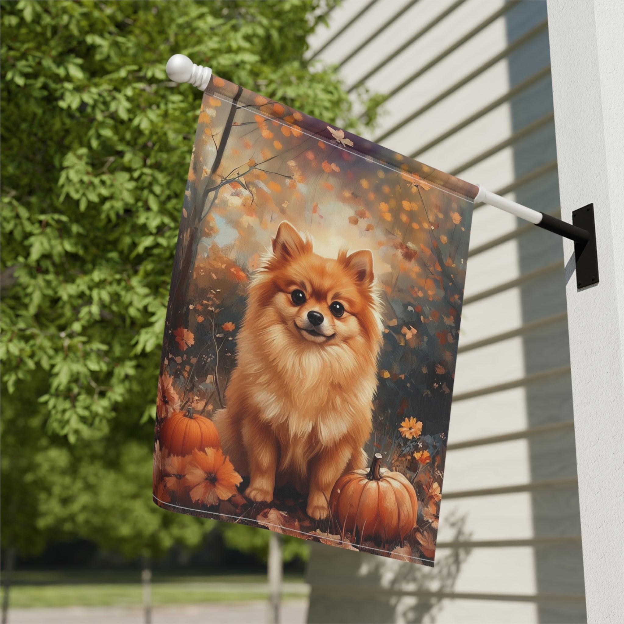 Fall Pomeranian and Pumpkin Garden Flag - close-up detail - Dragonfire Gardens