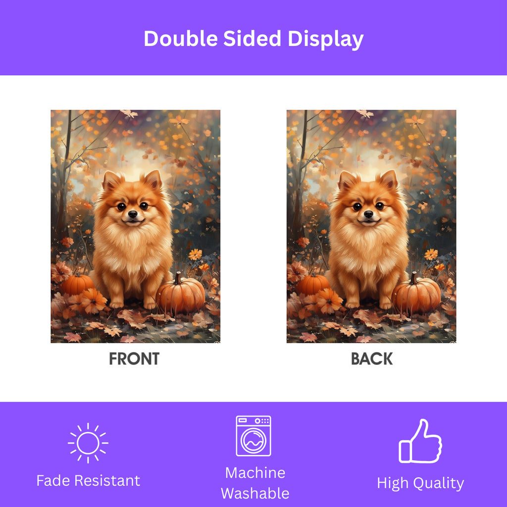 Fall Pomeranian and Pumpkin Garden Flag - double-sided design - Dragonfire Gardens