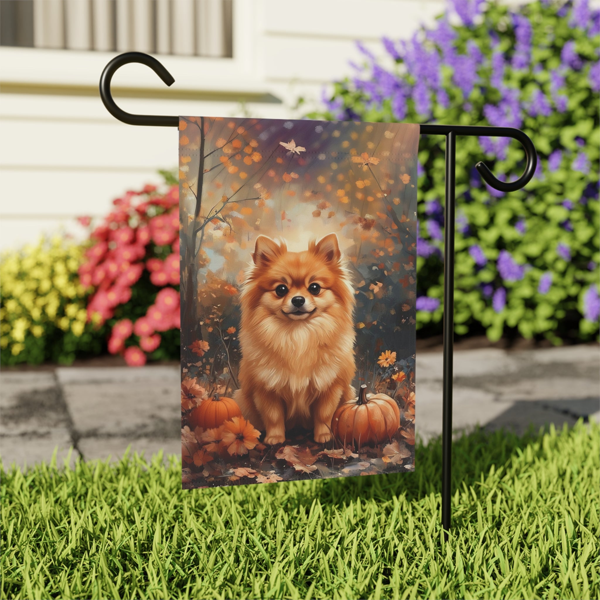 Fall Pomeranian and Pumpkin Garden Flag - outdoor display - Dragonfire Gardens