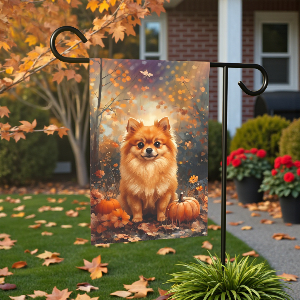Fall Pomeranian and Pumpkin Garden Flag - front view - Dragonfire Gardens