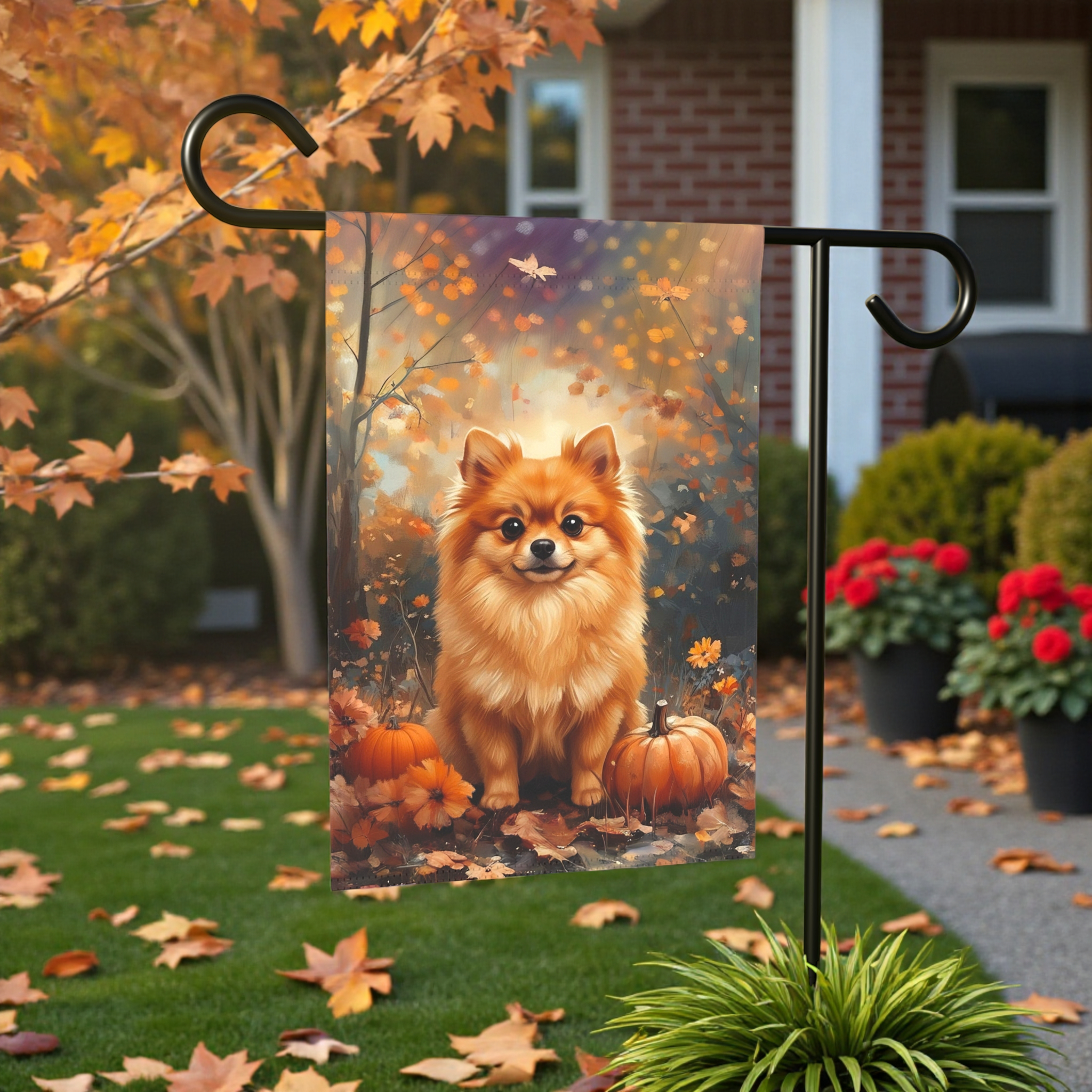 Fall Pomeranian and Pumpkin Garden Flag - front view - Dragonfire Gardens
