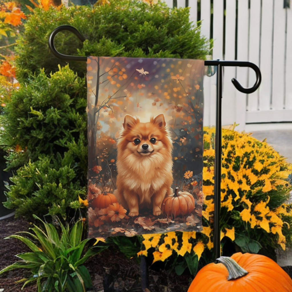 Fall Pomeranian and Pumpkin Garden Flag - lifestyle display - Dragonfire Gardens