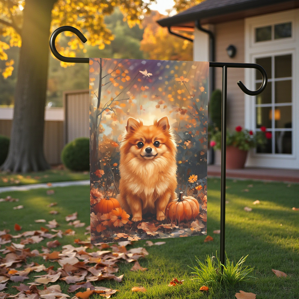 Fall Pomeranian and Pumpkin Garden Flag - size comparison - Dragonfire Gardens