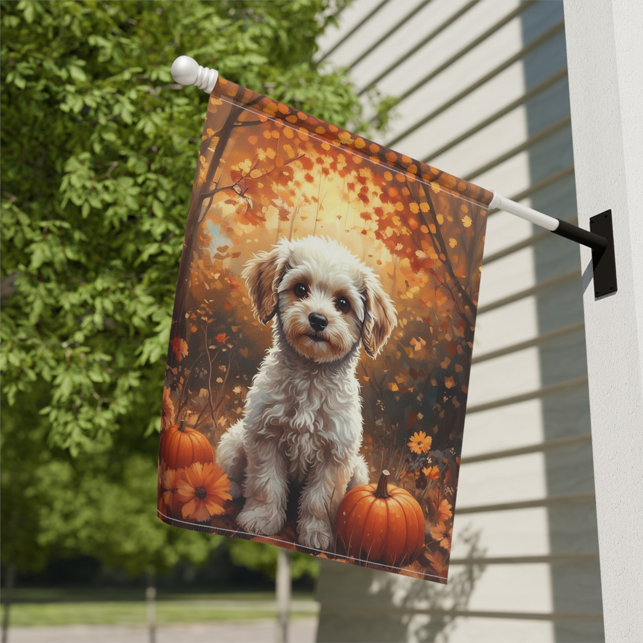 Fall Poodle and Pumpkin Garden Flag - close-up detail - Dragonfire Gardens