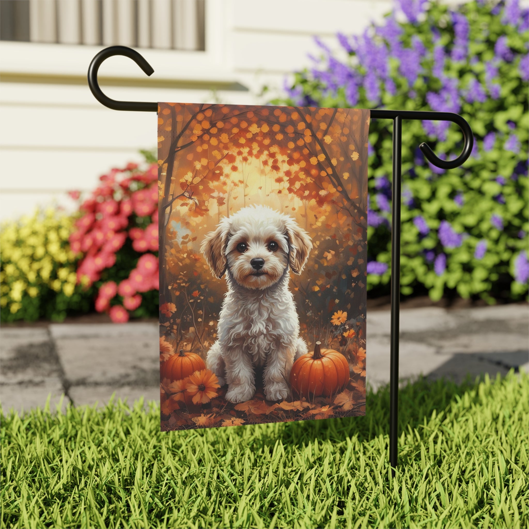Fall Poodle and Pumpkin Garden Flag - outdoor display - Dragonfire Gardens
