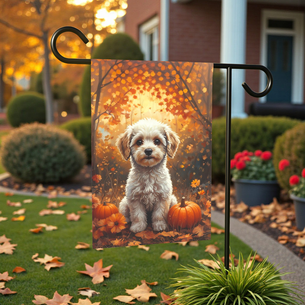 Fall Poodle and Pumpkin Garden Flag - front view - Dragonfire Gardens