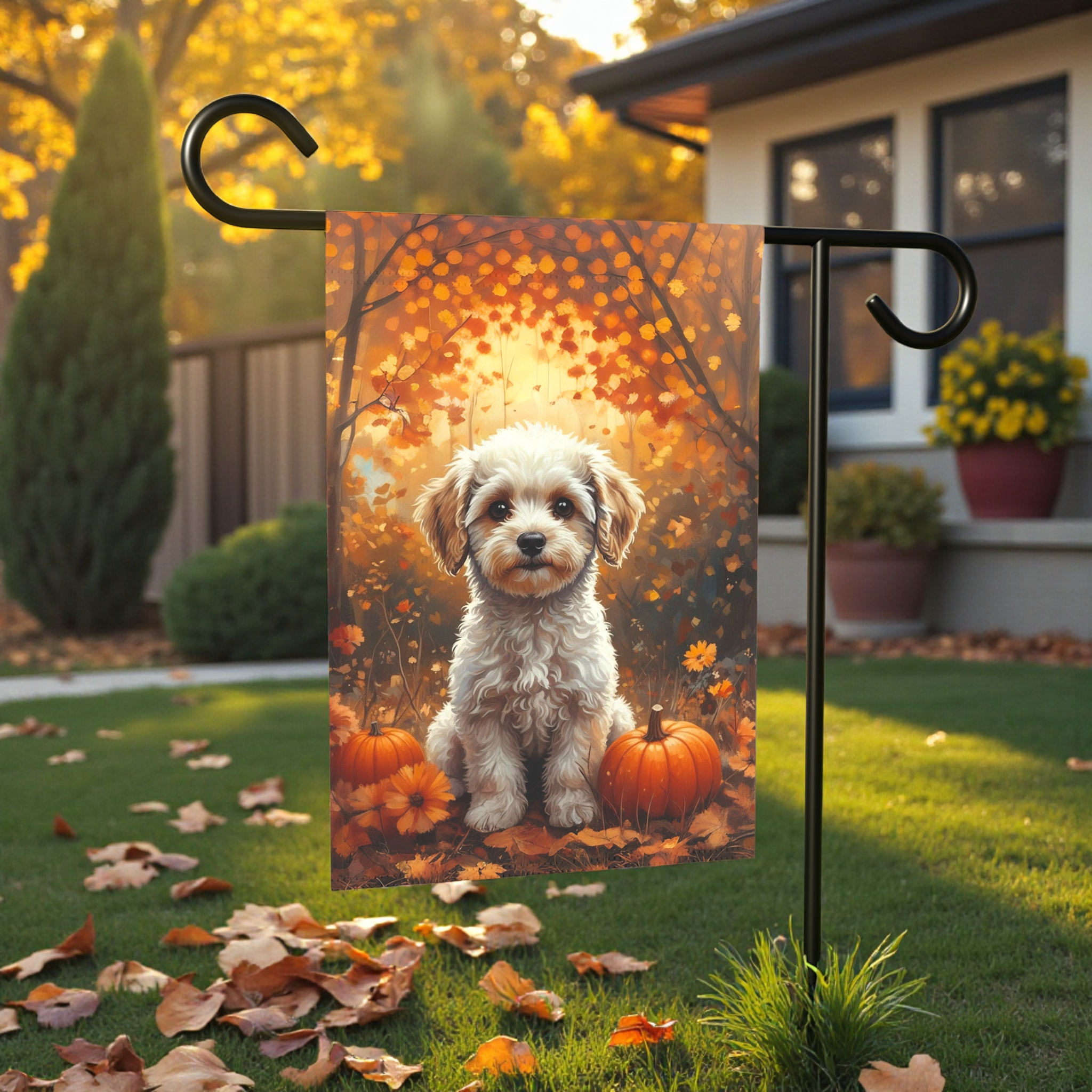 Fall Poodle and Pumpkin Garden Flag - lifestyle display - Dragonfire Gardens