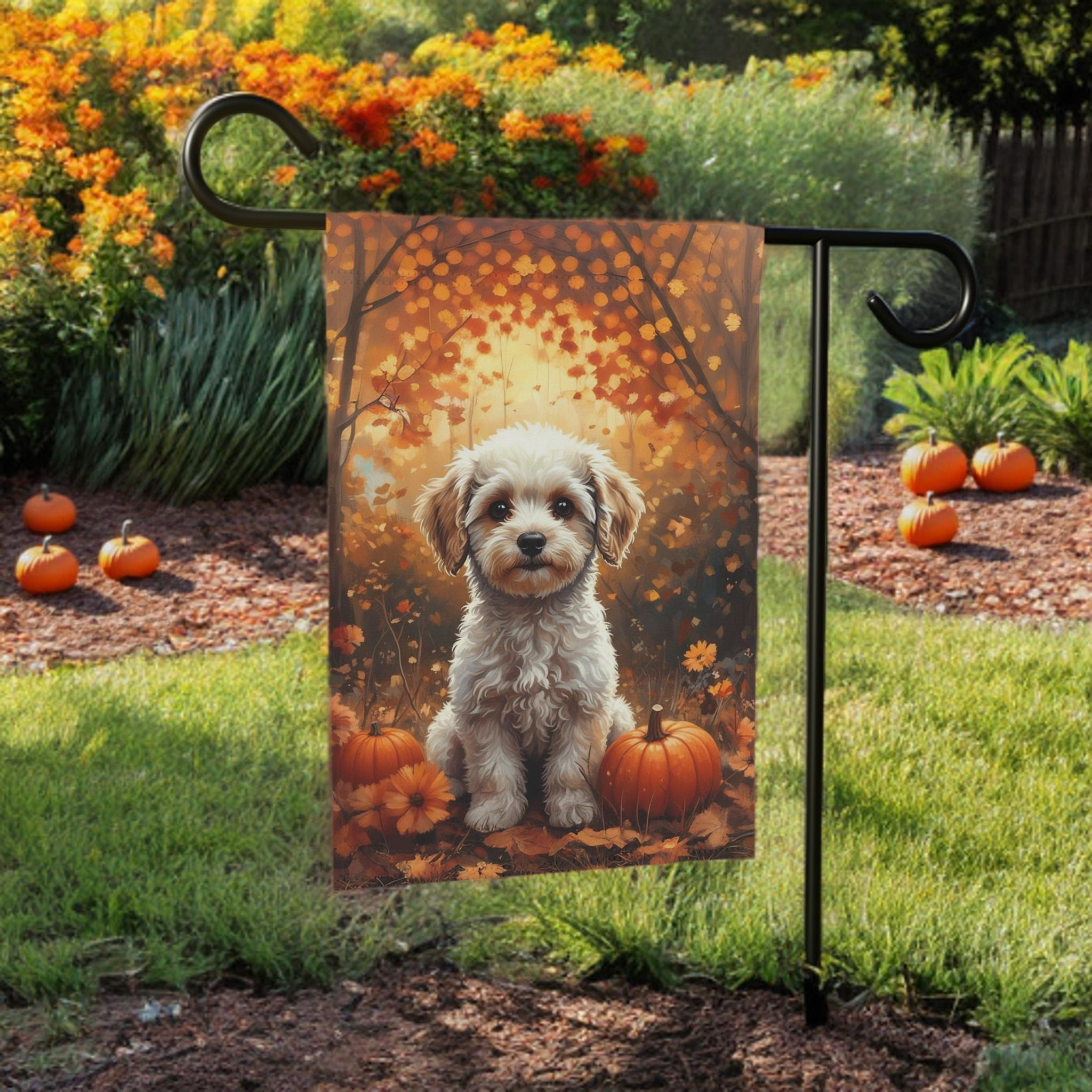 Fall Poodle and Pumpkin Garden Flag - size comparison - Dragonfire Gardens