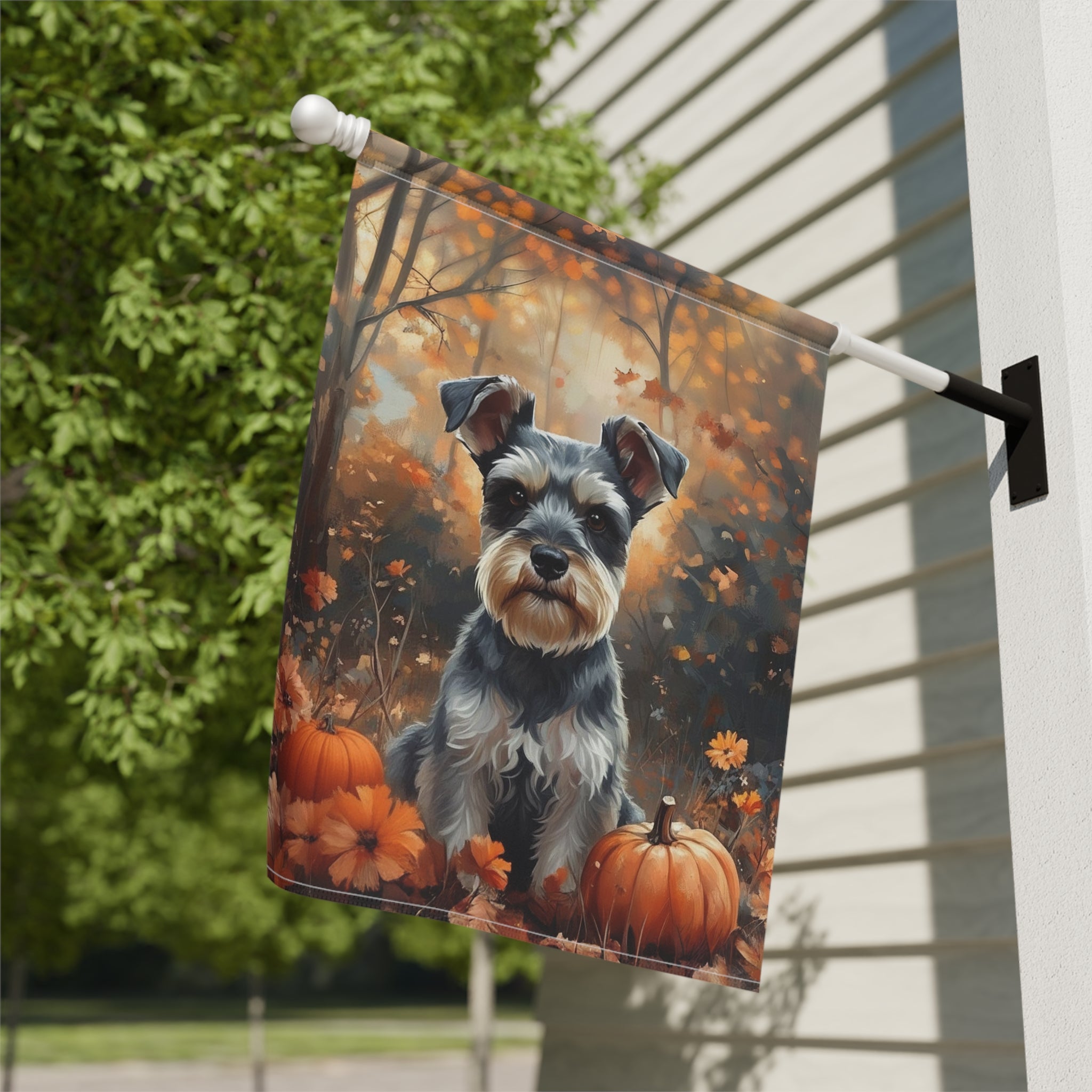 Fall Schnauzer and Pumpkin Garden Flag - close-up detail - Dragonfire Gardens