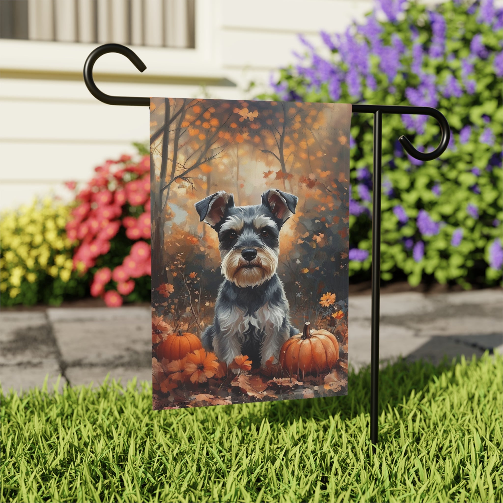Fall Schnauzer and Pumpkin Garden Flag - outdoor display - Dragonfire Gardens