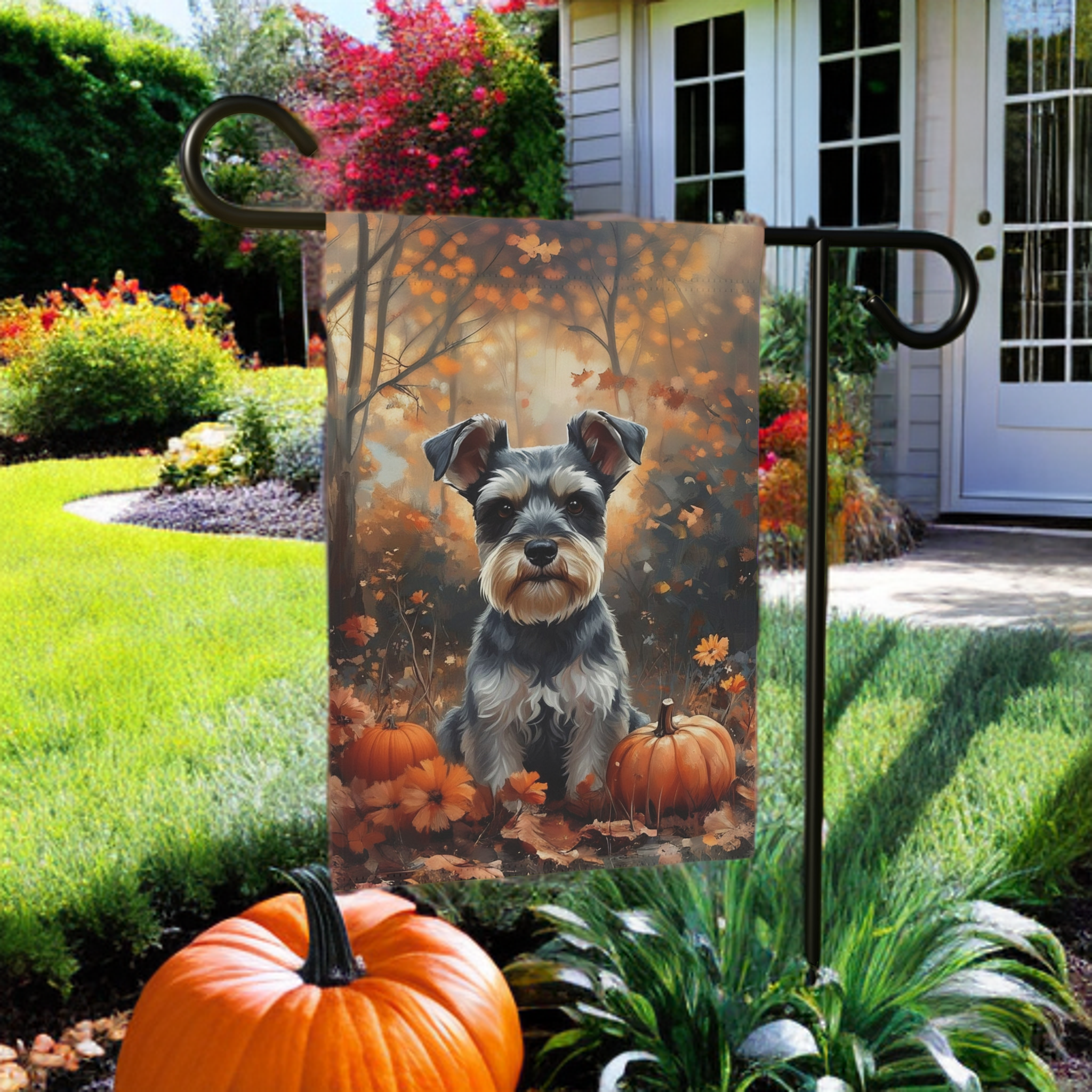 Fall Schnauzer and Pumpkin Garden Flag - size comparison - Dragonfire Gardens
