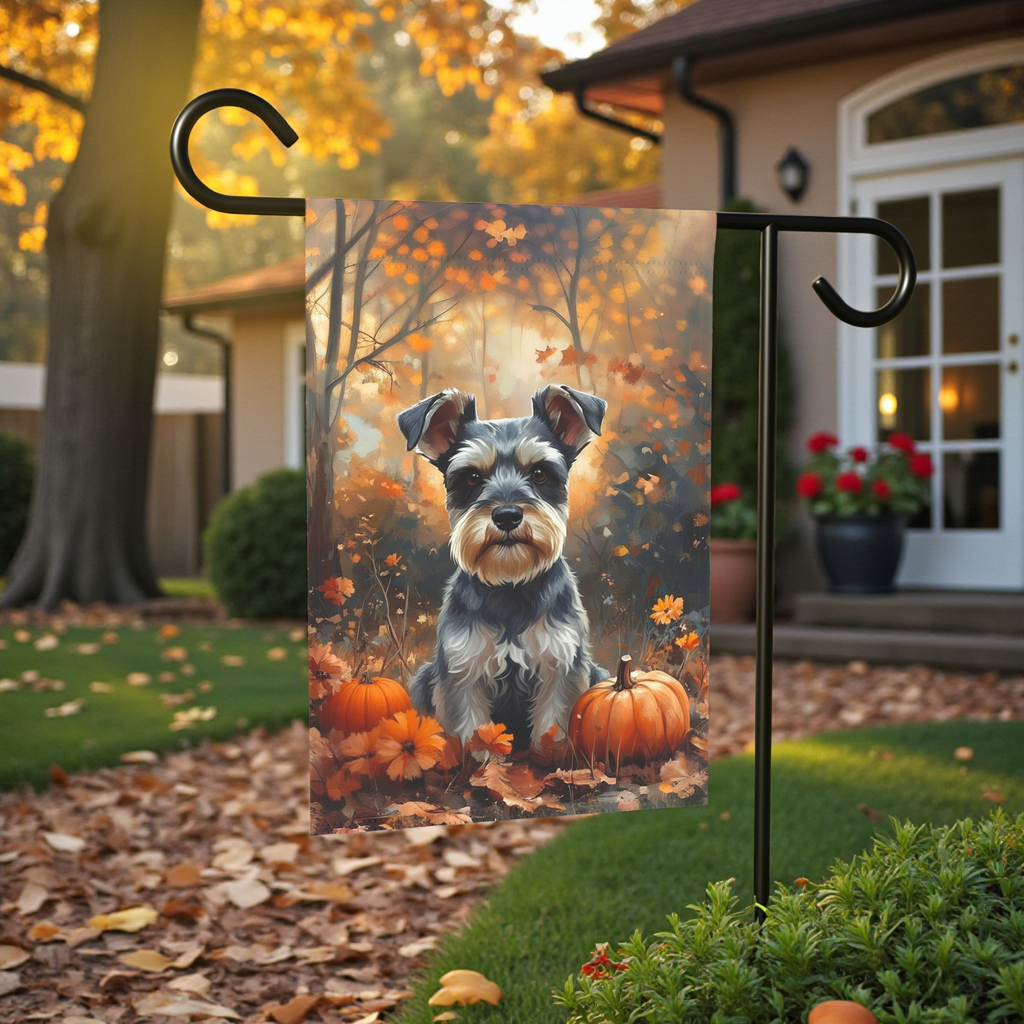 Fall Schnauzer and Pumpkin Garden Flag - lifestyle display - Dragonfire Gardens
