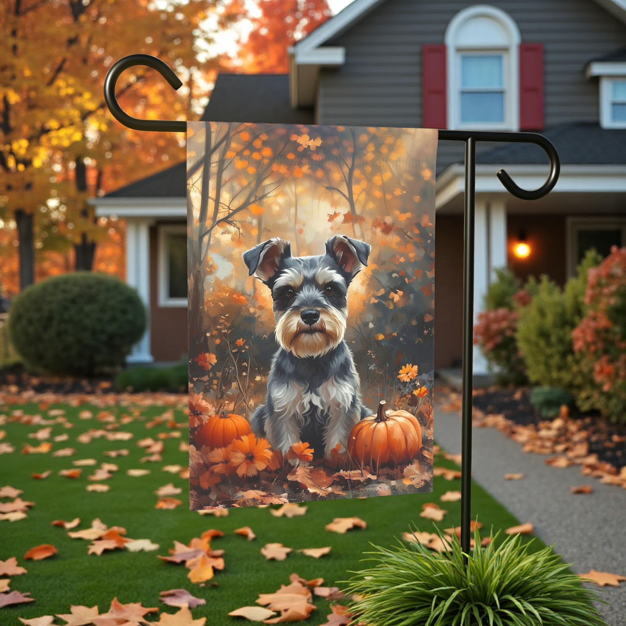 Fall Schnauzer and Pumpkin Garden Flag - front view - Dragonfire Gardens