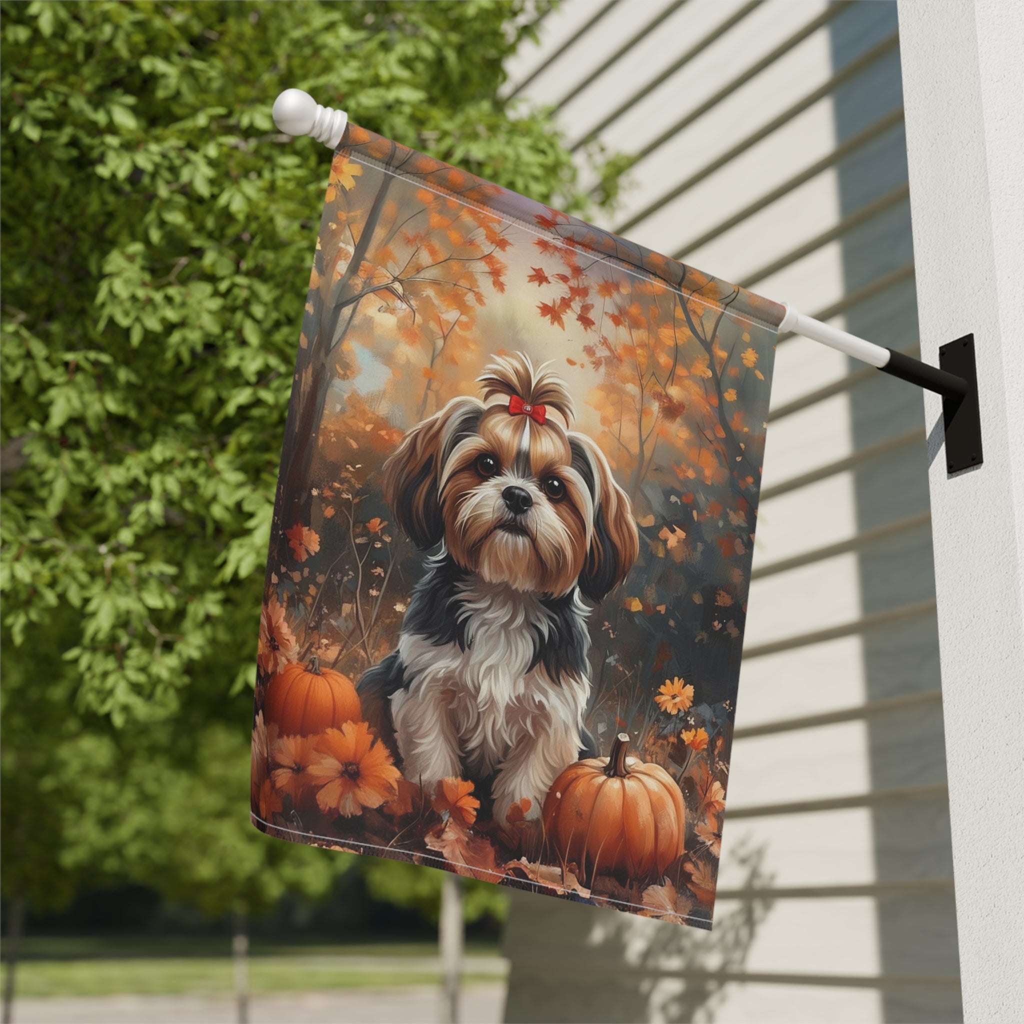 Fall Shih Tzu and Pumpkin Garden Flag - close-up detail - Dragonfire Gardens