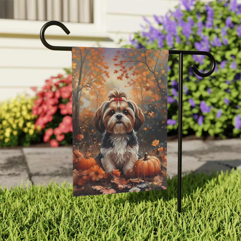 Fall Shih Tzu and Pumpkin Garden Flag - outdoor display - Dragonfire Gardens
