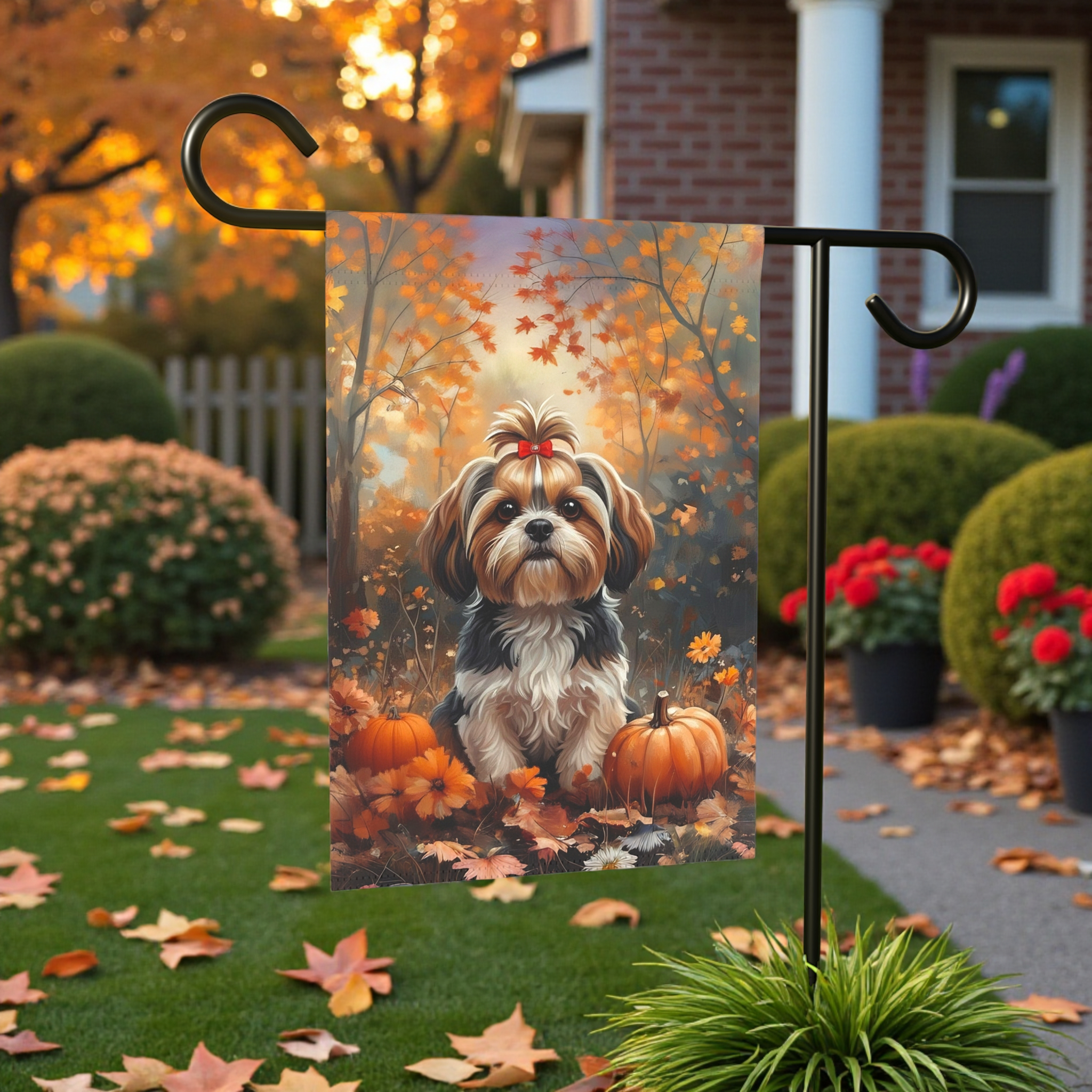 Fall Shih Tzu and Pumpkin Garden Flag - front view - Dragonfire Gardens