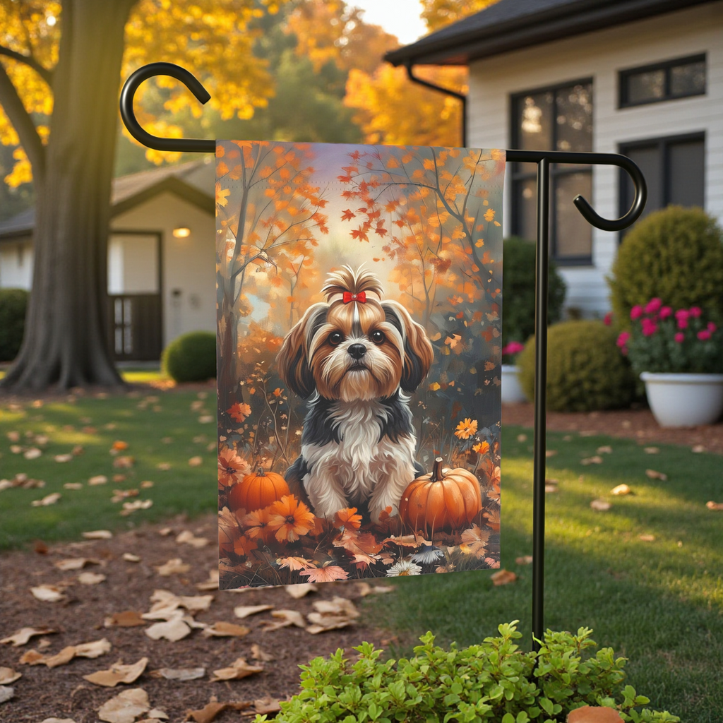 Fall Shih Tzu and Pumpkin Garden Flag - size comparison - Dragonfire Gardens