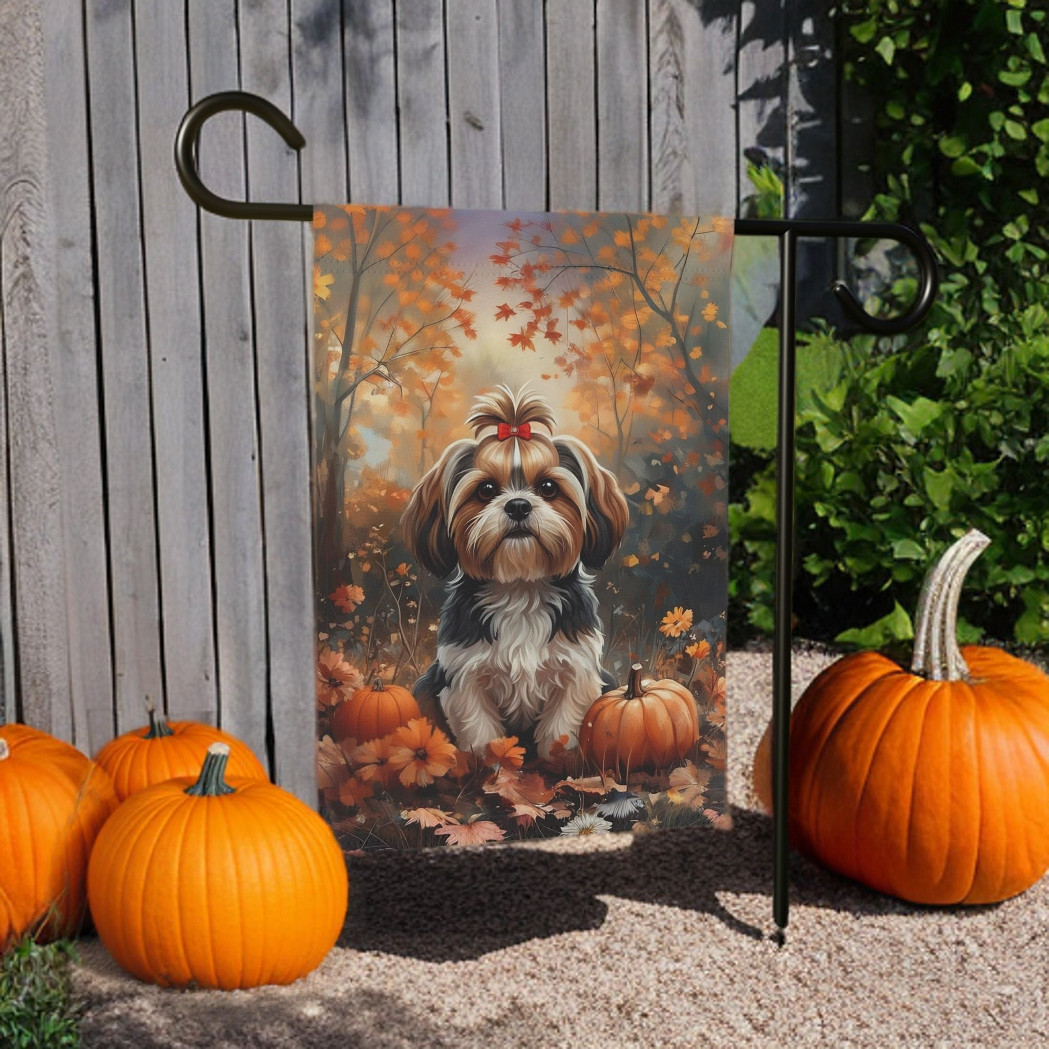 Fall Shih Tzu and Pumpkin Garden Flag - lifestyle display - Dragonfire Gardens