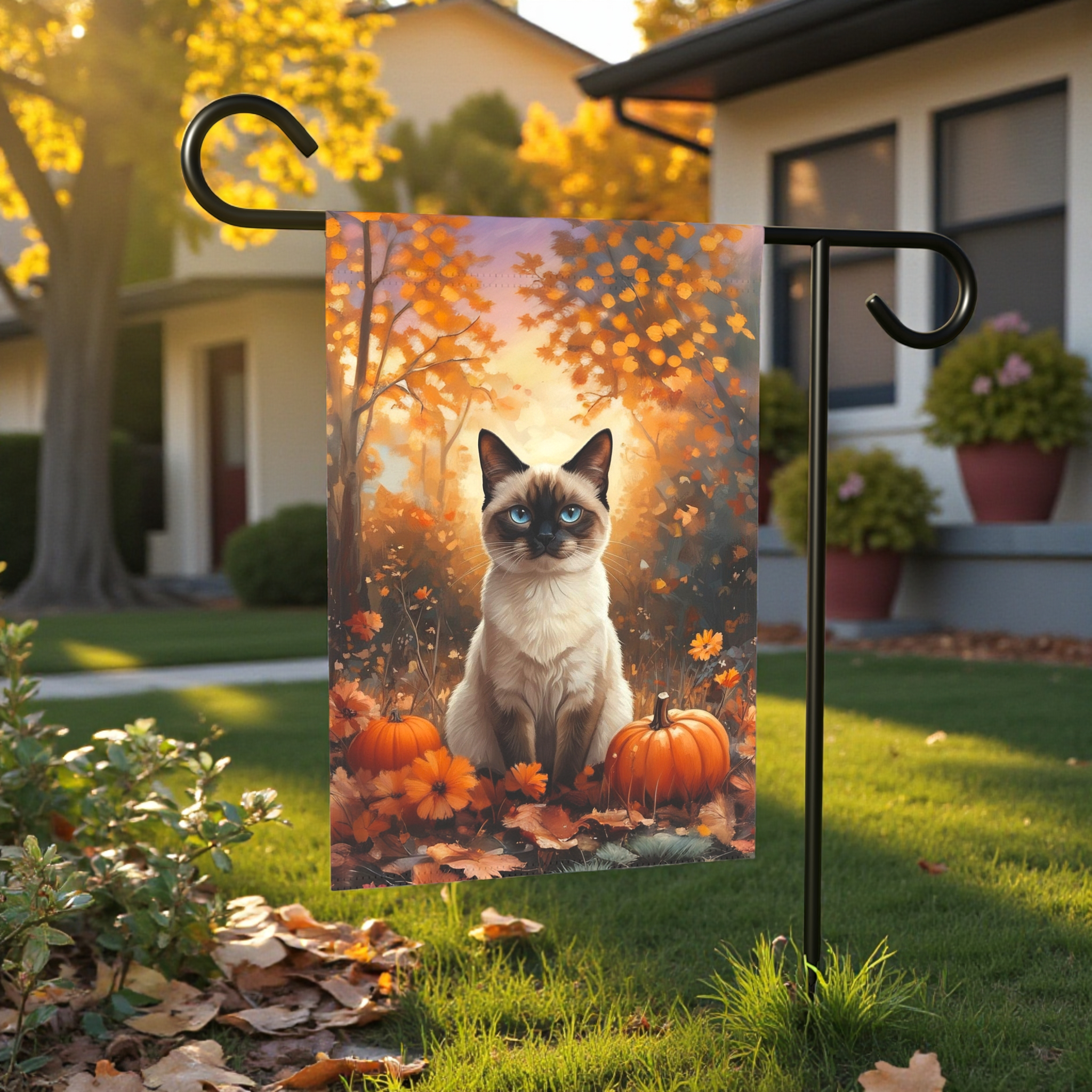 Fall Siamese Cat and Pumpkin Garden Flag