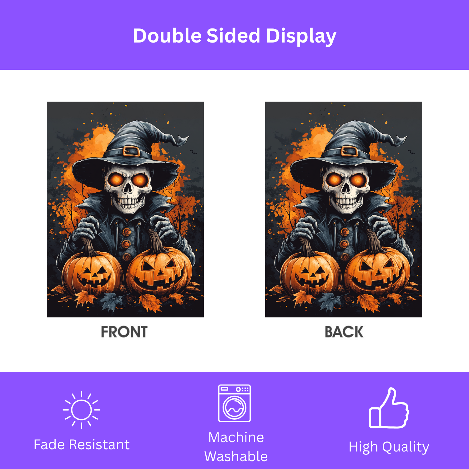 Skeleton and Two Jack-o-Lanterns Garden Flag - double-sided design - Dragonfire Gardens