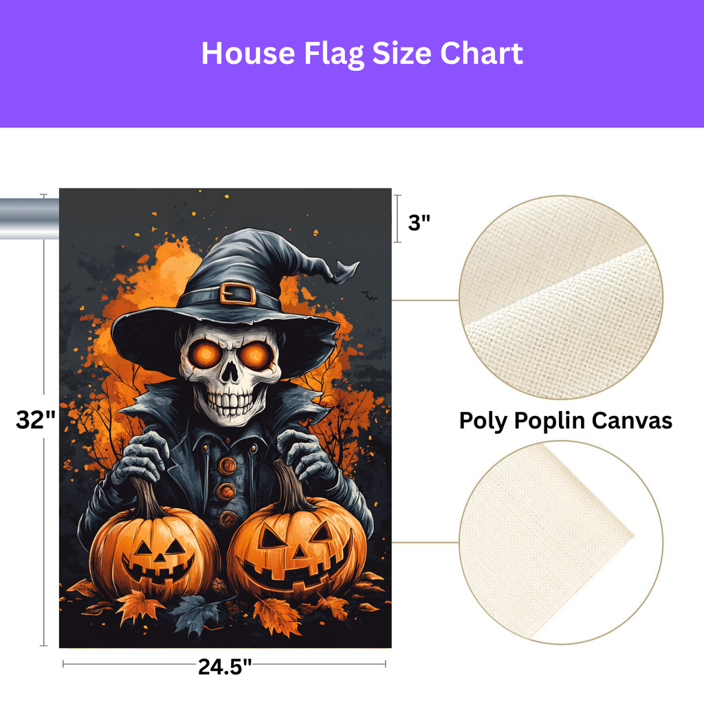 Skeleton and Two Jack-o-Lanterns Garden Flag - yard display - Dragonfire Gardens