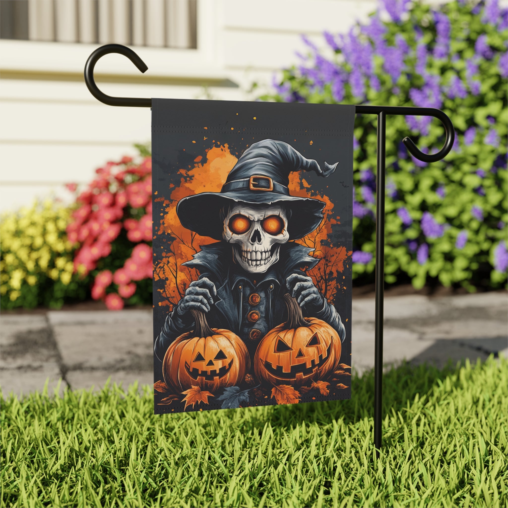 Skeleton and Two Jack-o-Lanterns Garden Flag - outdoor display - Dragonfire Gardens