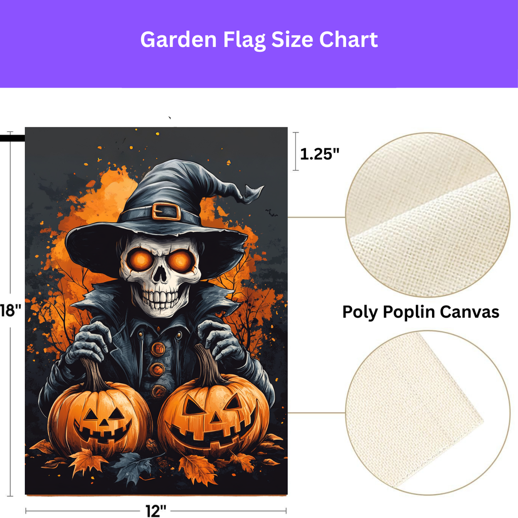 Skeleton and Two Jack-o-Lanterns Garden Flag - porch decor - Dragonfire Gardens