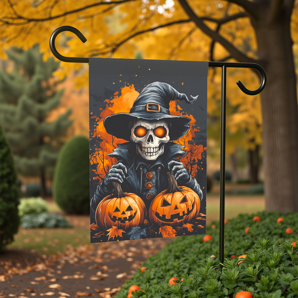 Skeleton and Two Jack-o-Lanterns Garden Flag - size comparison - Dragonfire Gardens