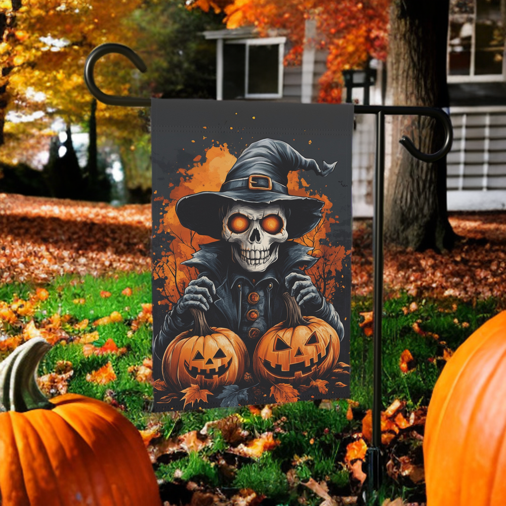 Skeleton and Two Jack-o-Lanterns Garden Flag - lifestyle display - Dragonfire Gardens