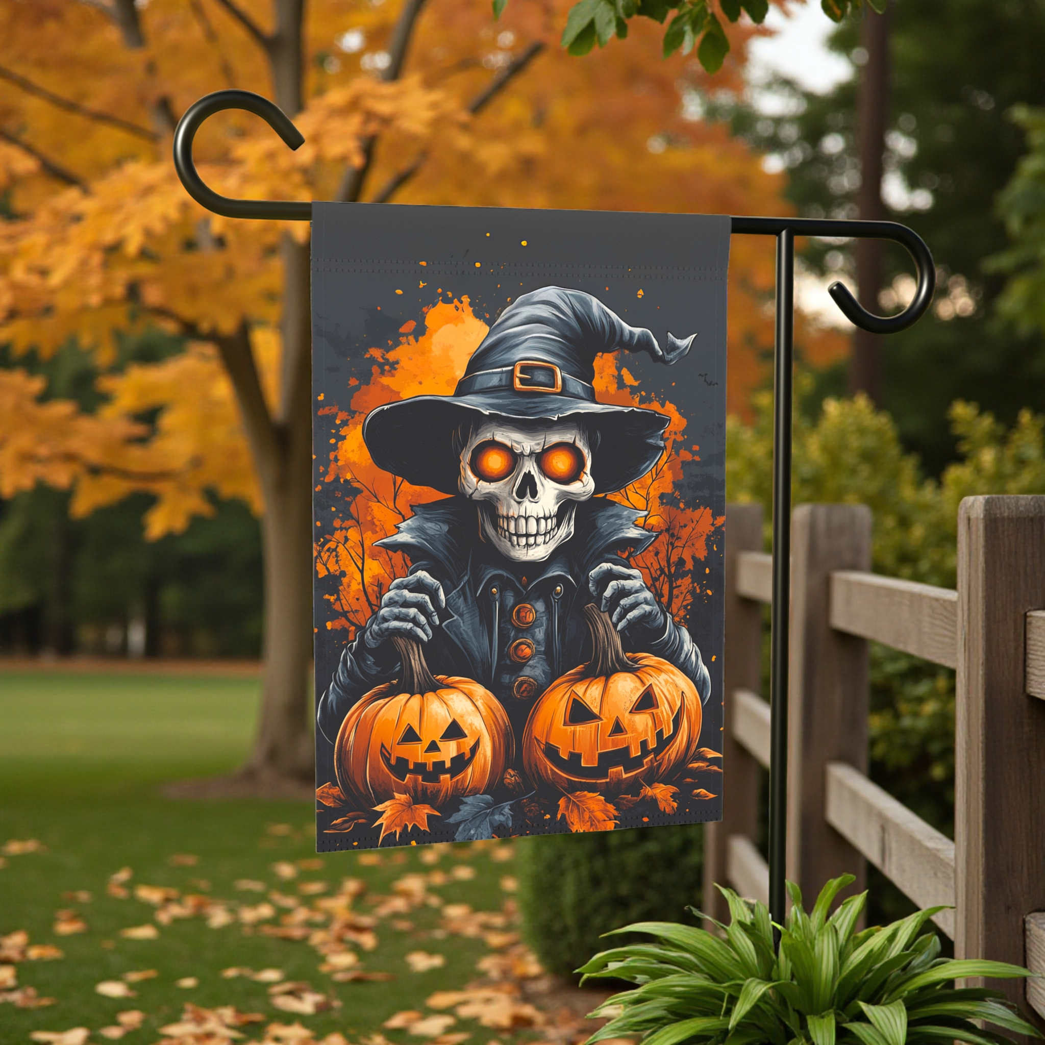 Skeleton and Two Jack-o-Lanterns Garden Flag - front view - Dragonfire Gardens