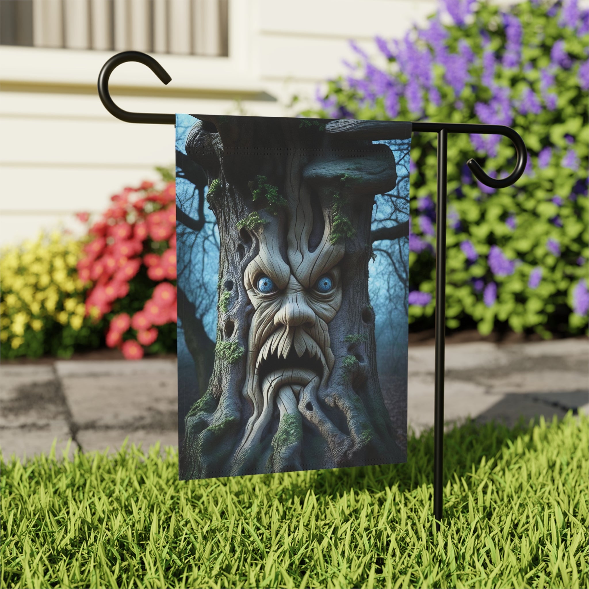 Scary Halloween Tree Face Garden Flag - outdoor display - Dragonfire Gardens