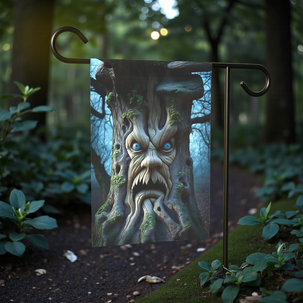 Scary Halloween Tree Face Garden Flag - front view - Dragonfire Gardens