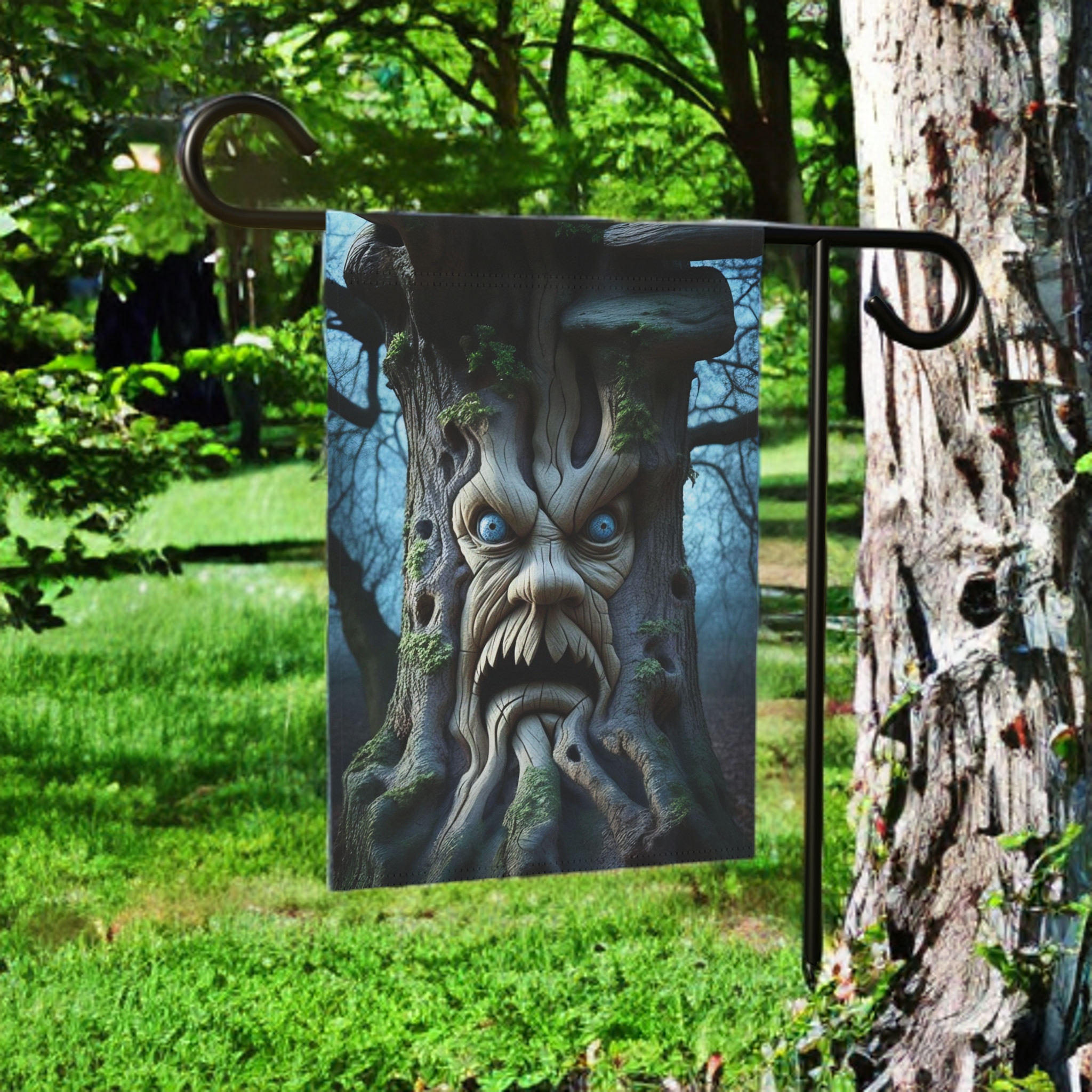 Scary Halloween Tree Face Garden Flag - lifestyle display - Dragonfire Gardens