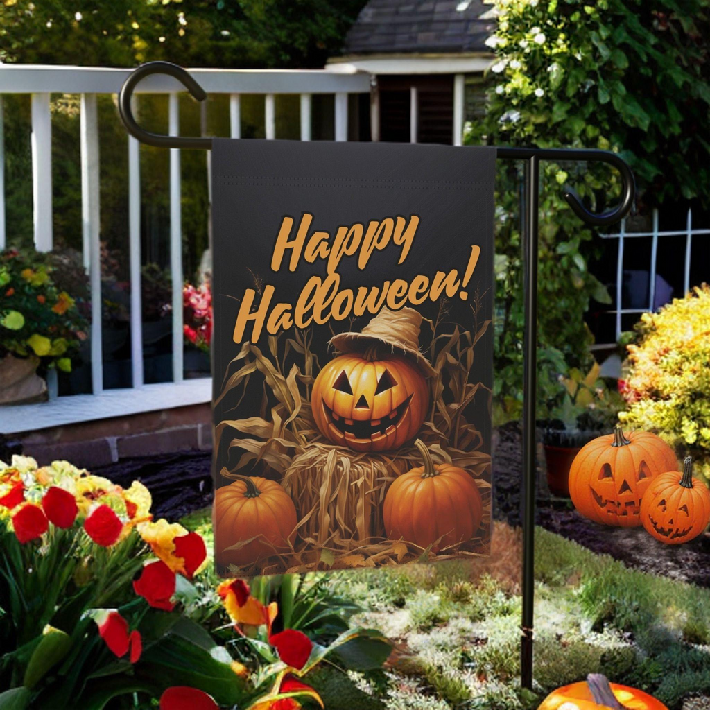 Happy Halloween Jack-o-Lantern Garden Flag - size comparison - Dragonfire Gardens