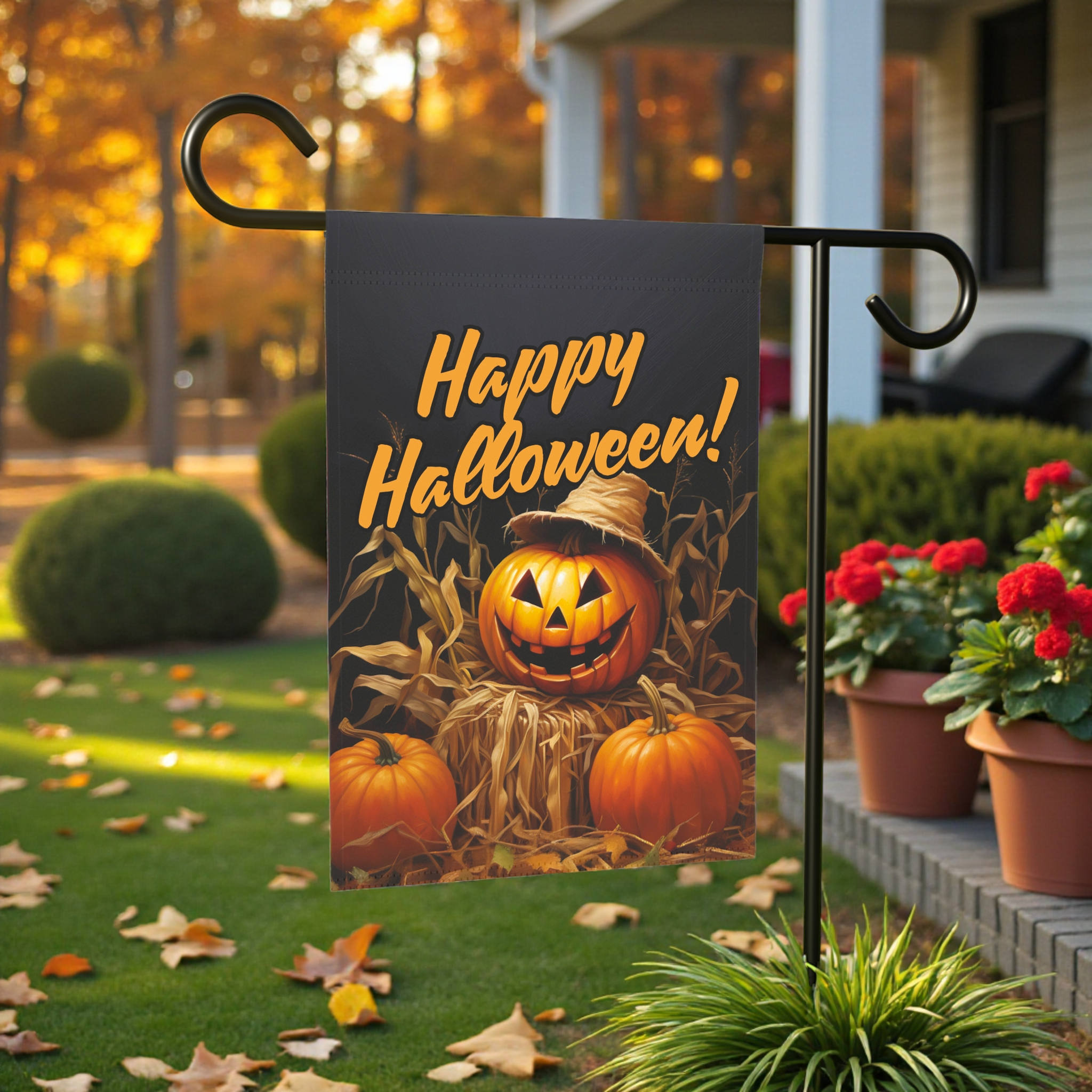 Happy Halloween Jack-o-Lantern Garden Flag - lifestyle display - Dragonfire Gardens