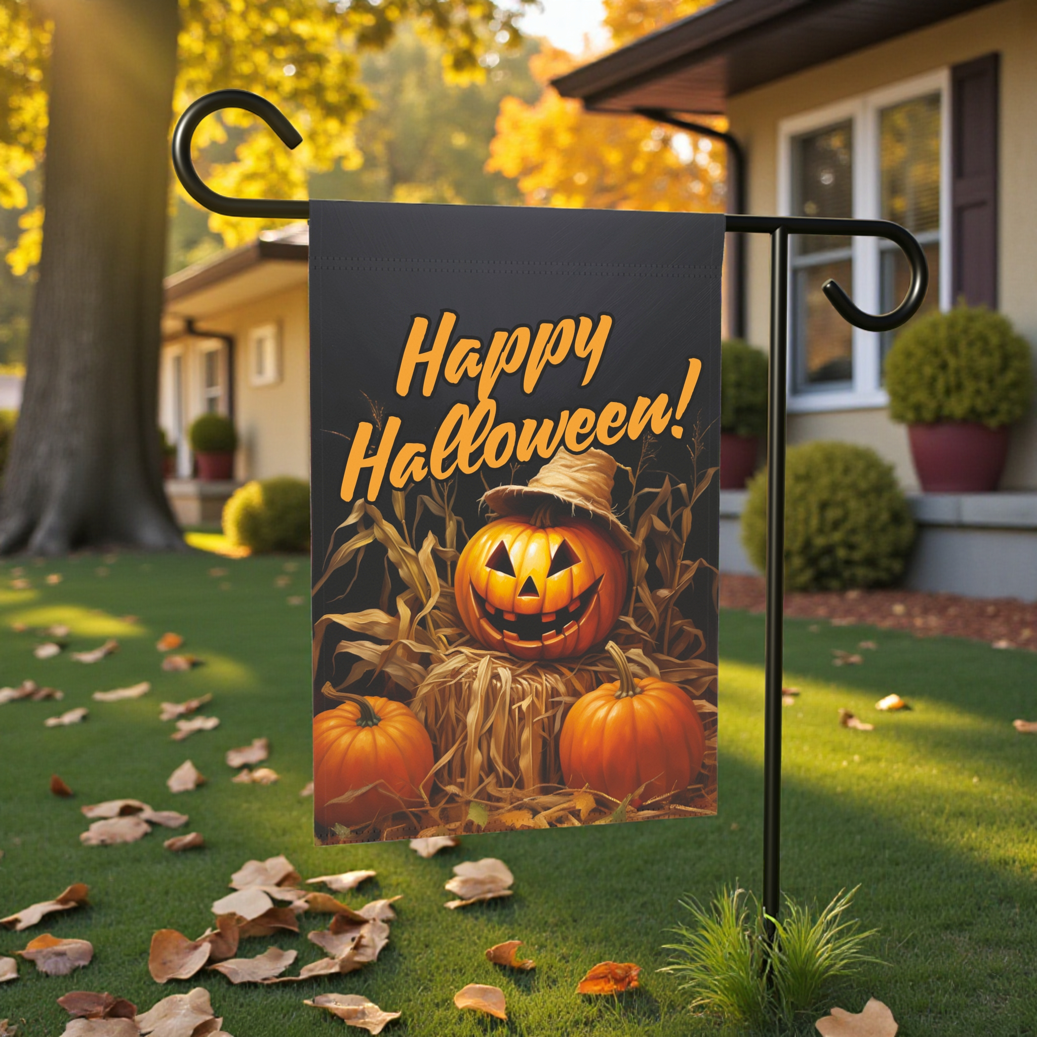 Happy Halloween Jack-o-Lantern Garden Flag - front view - Dragonfire Gardens