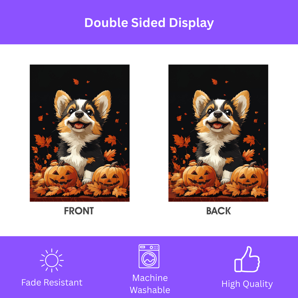Two Jack-o-Lanterns and Corgi Garden Flag - double-sided design - Dragonfire Gardens