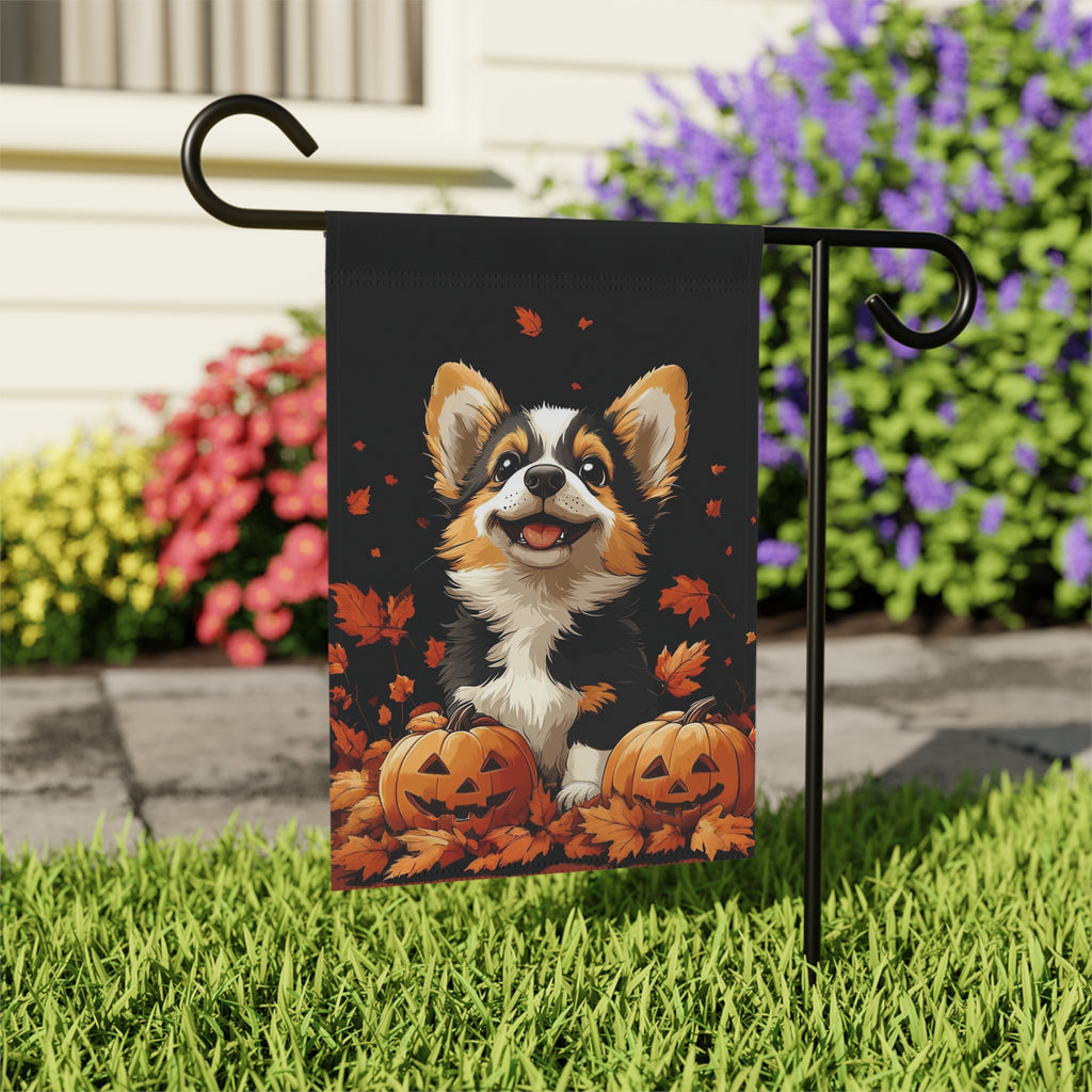 Two Jack-o-Lanterns and Corgi Garden Flag - outdoor display - Dragonfire Gardens
