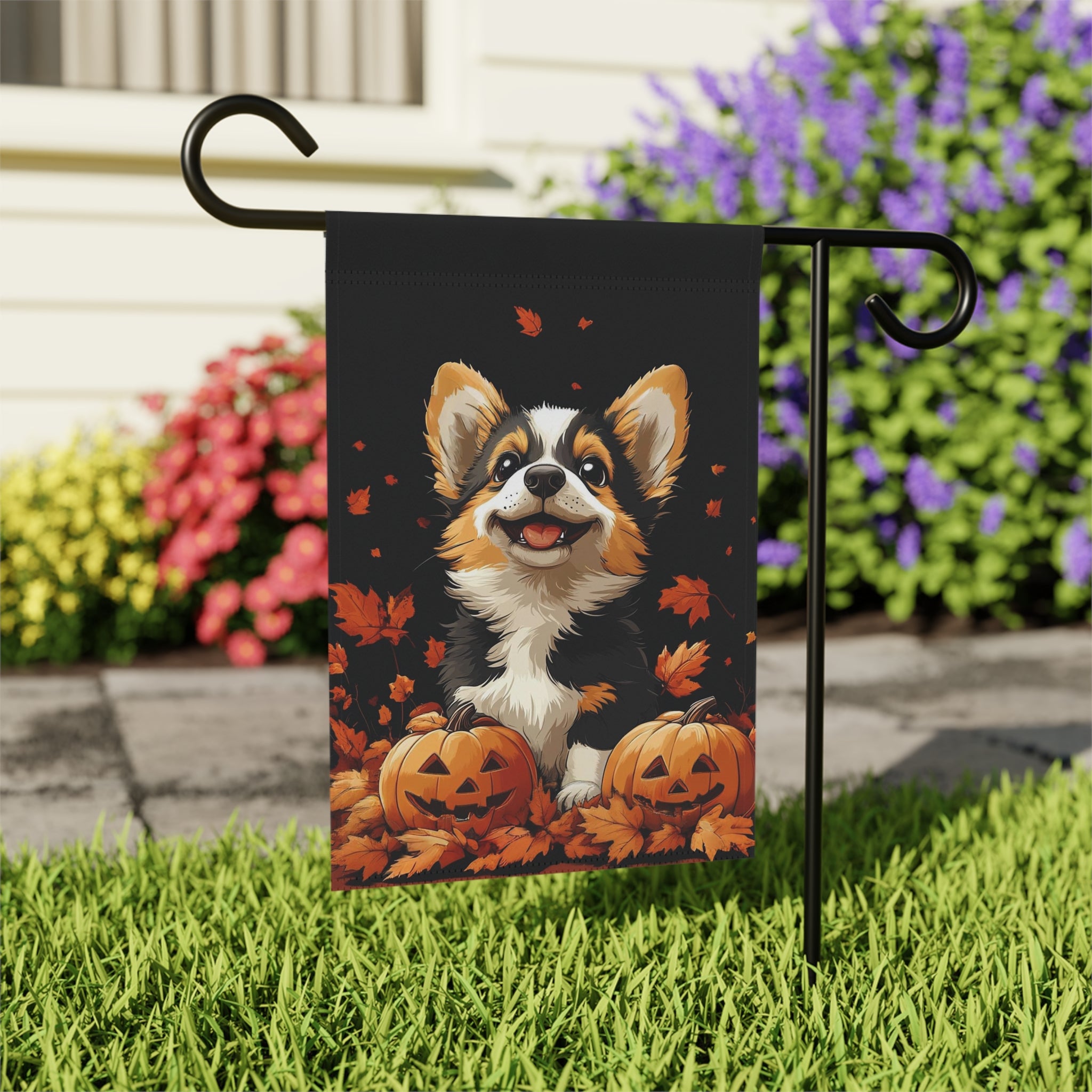 Two Jack-o-Lanterns and Corgi Garden Flag - outdoor display - Dragonfire Gardens