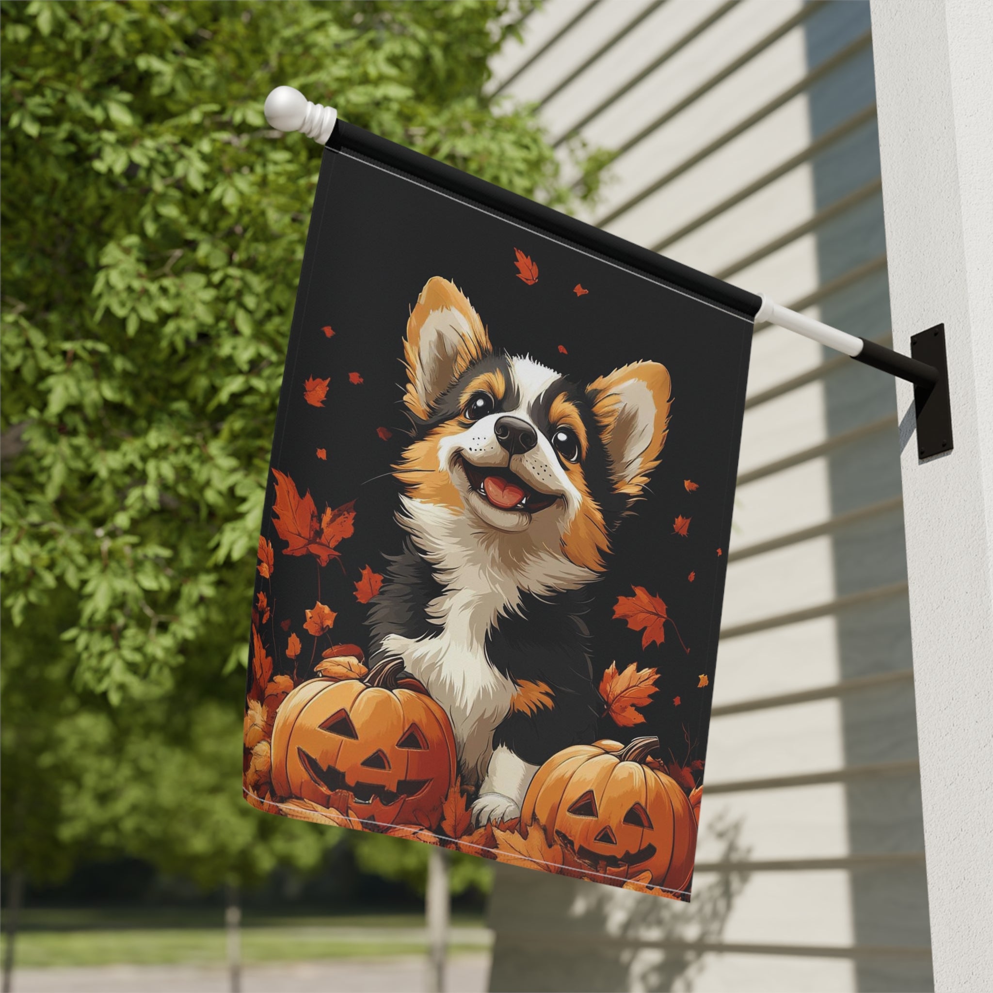Two Jack-o-Lanterns and Corgi Garden Flag - close-up detail - Dragonfire Gardens