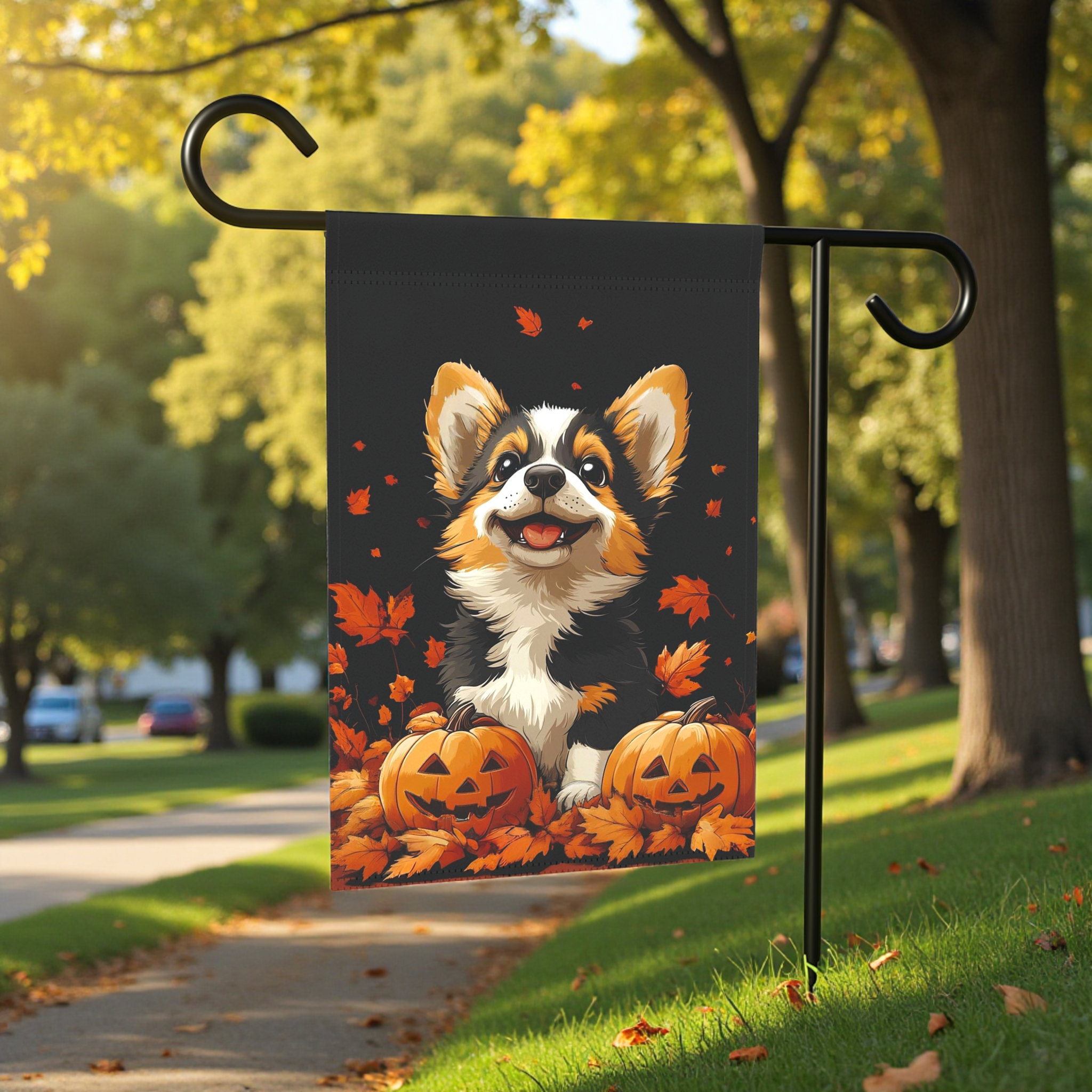 Two Jack-o-Lanterns and Corgi Garden Flag - size comparison - Dragonfire Gardens
