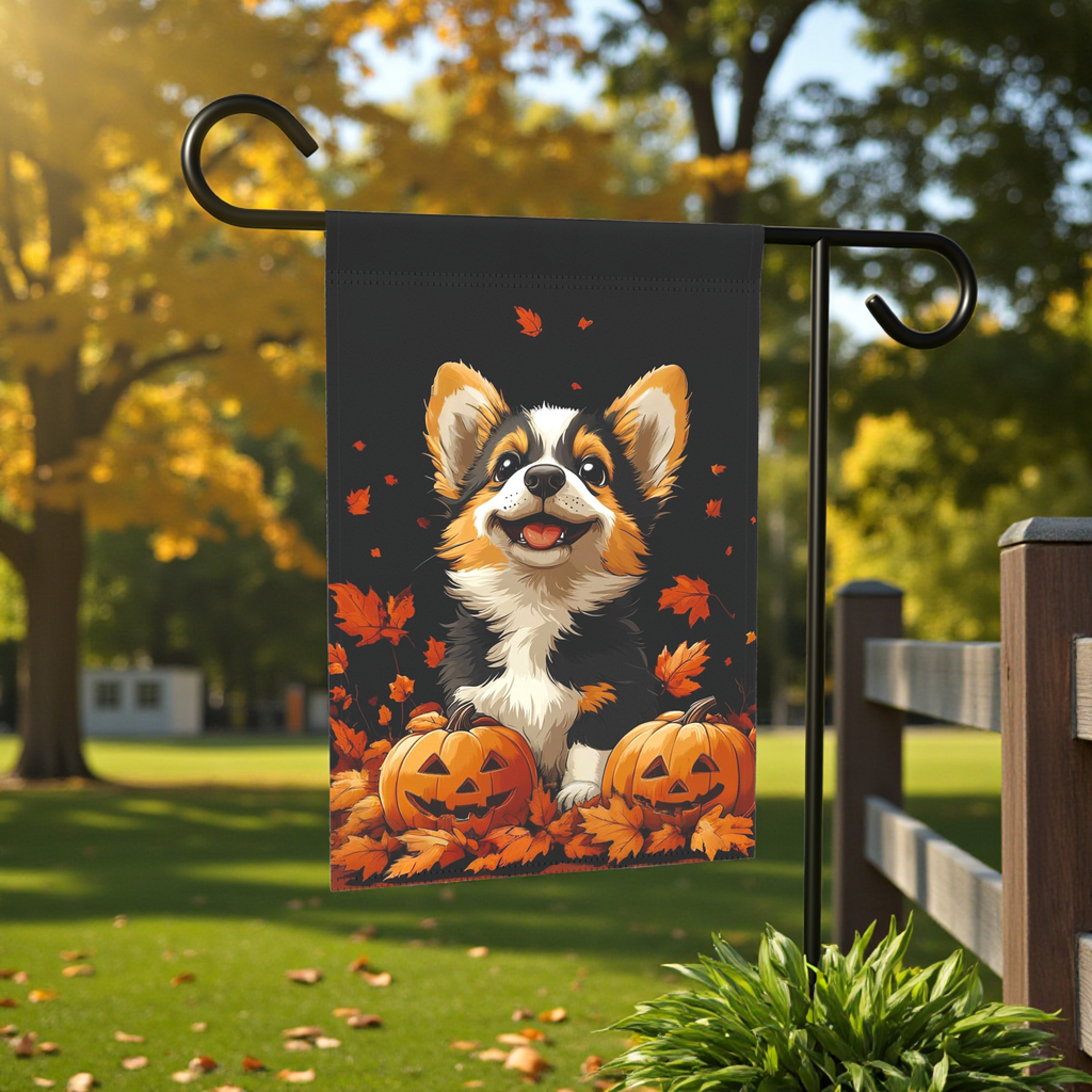 Two Jack-o-Lanterns and Corgi Garden Flag - front view - Dragonfire Gardens