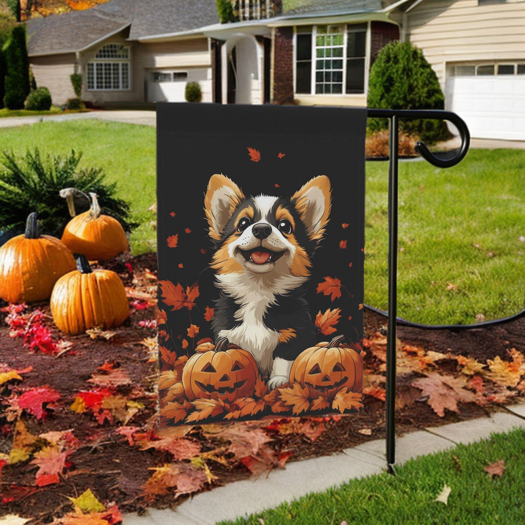 Two Jack-o-Lanterns and Corgi Garden Flag - lifestyle display - Dragonfire Gardens