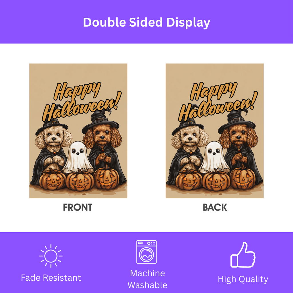 Two Poodles and Ghost Halloween Garden Flag - double-sided design - Dragonfire Gardens