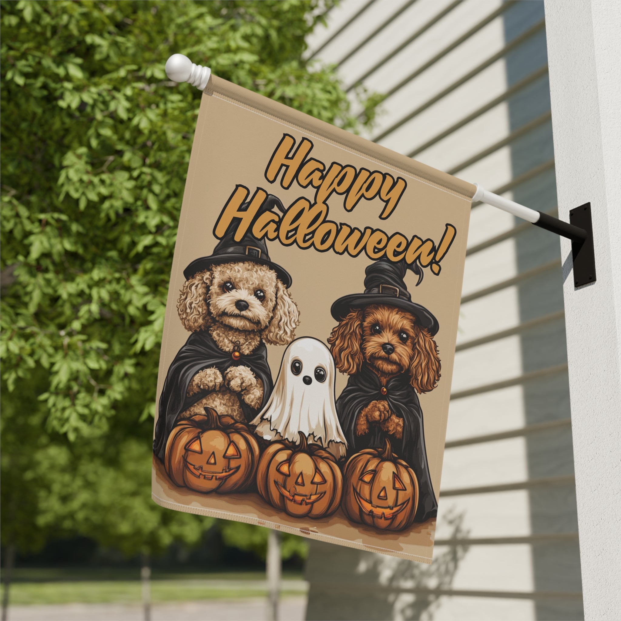 Two Poodles and Ghost Halloween Garden Flag - close-up detail - Dragonfire Gardens